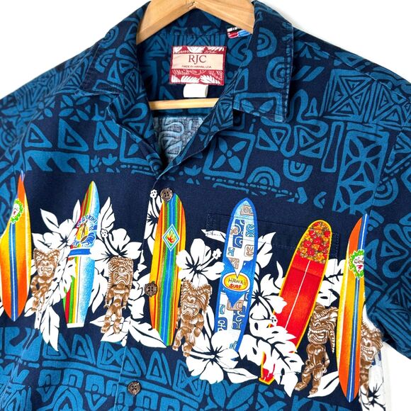 RJC Hawaii Aloha Shirt Mens Medium Blue Surfboard Tiki Floral Camp Button Up - Picture 2 of 9